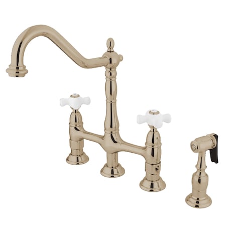 KS1276PXBS Heritage Bridge Kitchen Faucet W/ Brass Sprayer, Nickel